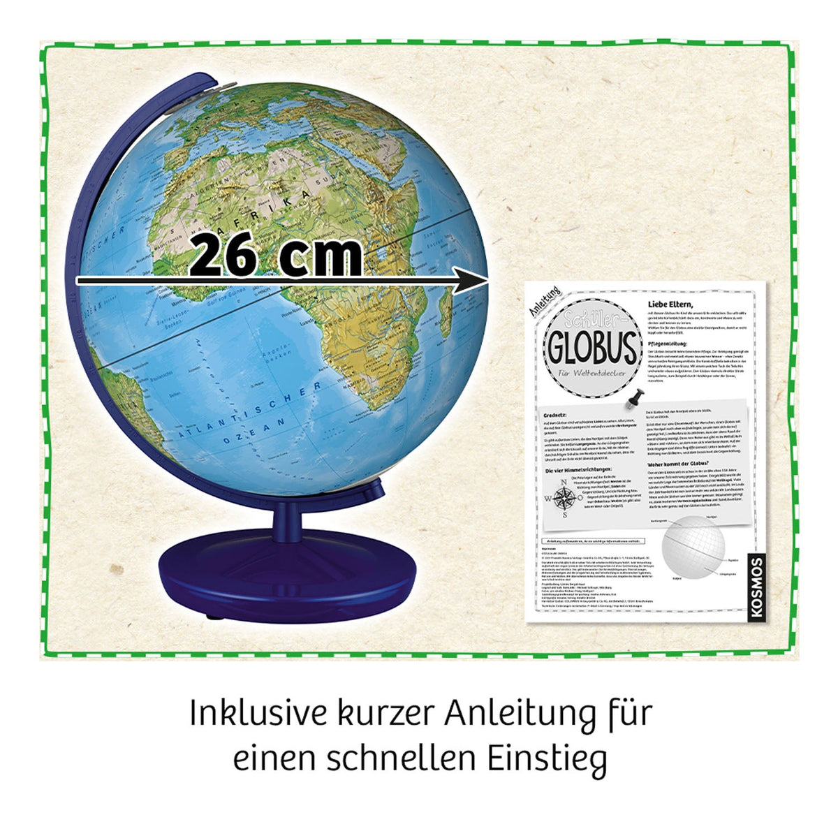 Kosmos Schülerglobus mit Globus auf dunkelblauem Standfuß und aufgeschlagener Anleitung daneben