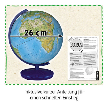 Kosmos Schülerglobus mit Globus auf dunkelblauem Standfuß und aufgeschlagener Anleitung daneben