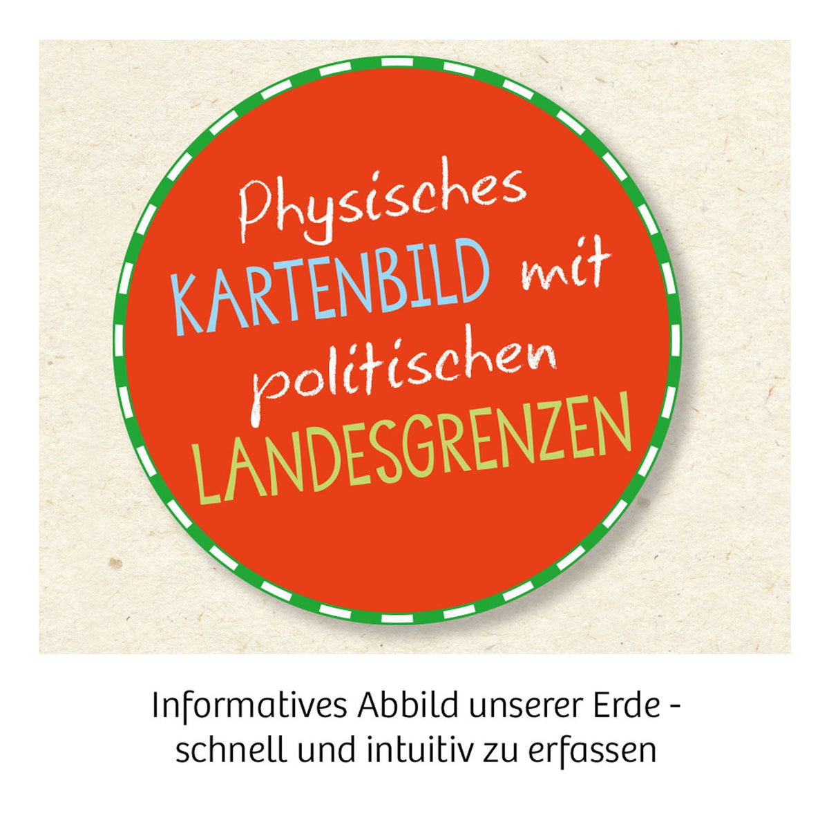 Rote kreisförmige Verpackung mit grünem Rand des Kosmos Schülerglobus, Text zur physischen Weltkarte mit Landesgrenzen