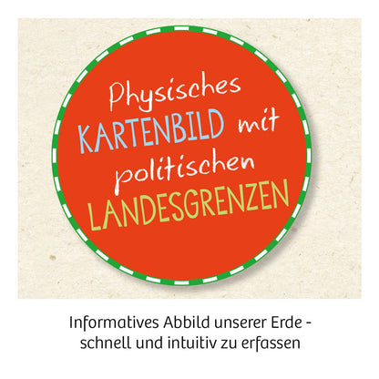 Rote kreisförmige Verpackung mit grünem Rand des Kosmos Schülerglobus, Text zur physischen Weltkarte mit Landesgrenzen