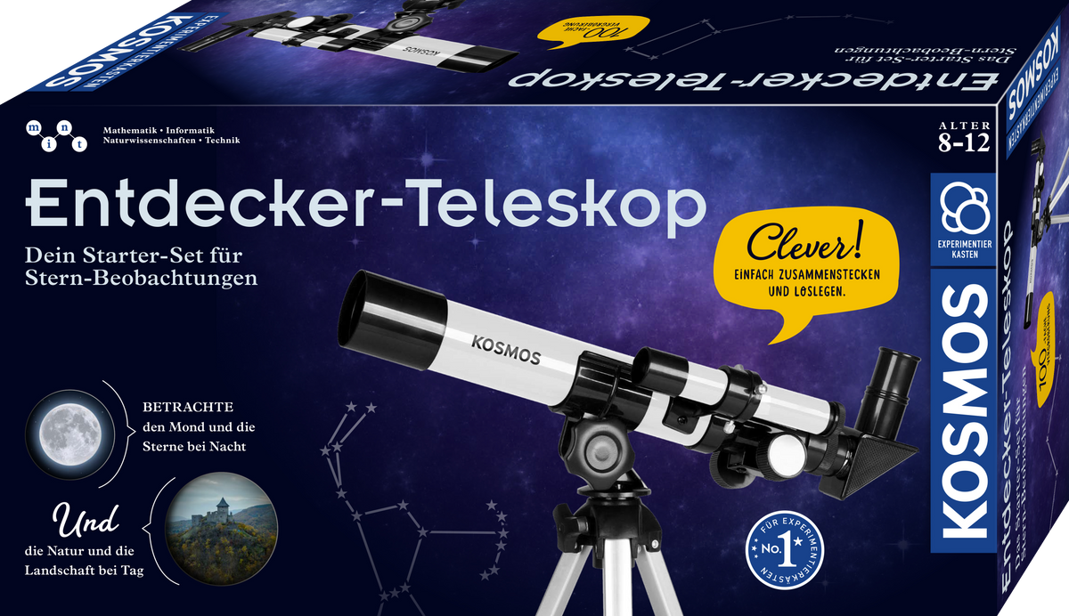 Kosmos Entdecker-Teleskop Verpackung mit schwarzem Teleskop, Stativ, Sternenhimmel und Clever-Logo auf dunkelblaum Untergrund