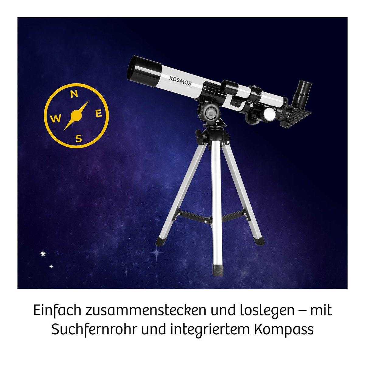 Kosmos Entdecker-Teleskop auf silbernem Dreibein-Stativ vor Sternenhimmel, Kompass-Symbol links oben