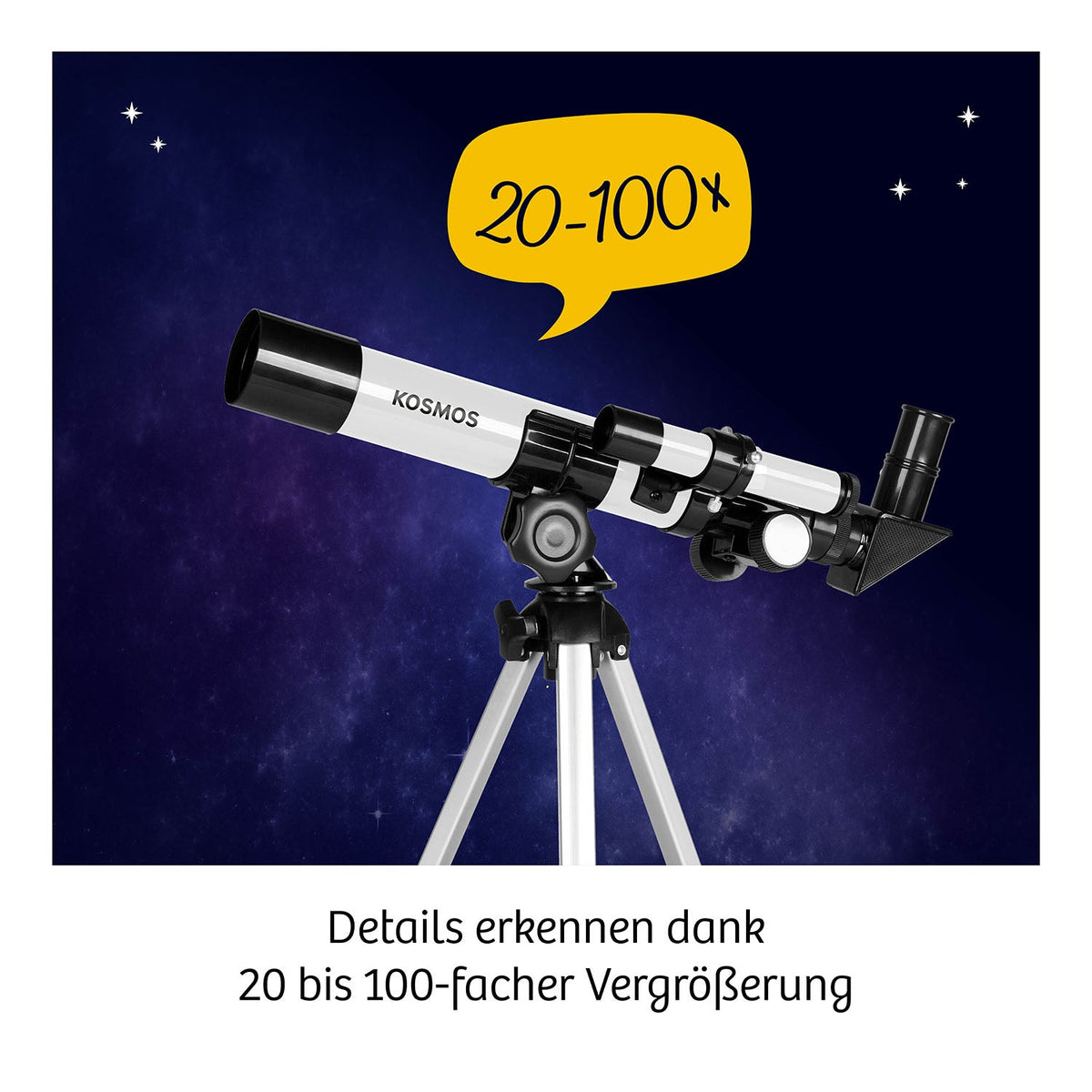 Kosmos Entdecker-Teleskop auf Stativ vor Sternenhimmel, gelbe Sprechblase mit 20-100x Vergrößerung