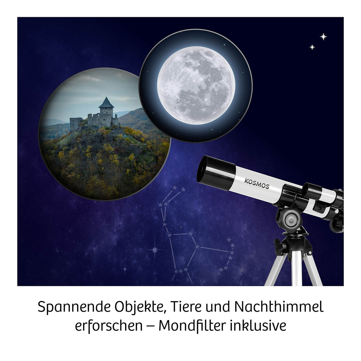 Kosmos Entdecker-Teleskop auf Stativ mit zwei Beobachtungsausschnitten: Burg und Vollmond vor Sternenhimmel