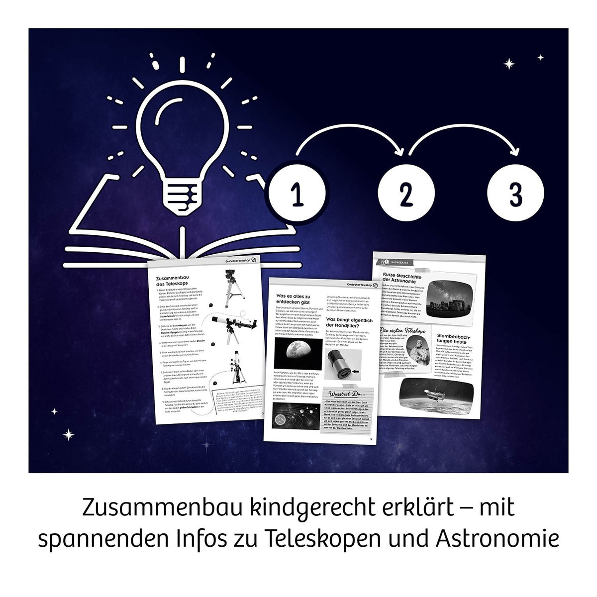 Infografik zum Kosmos Entdecker-Teleskop mit aufgeschlagenem Buch, Glühbirne und drei Anleitungsseiten zu Teleskopen und