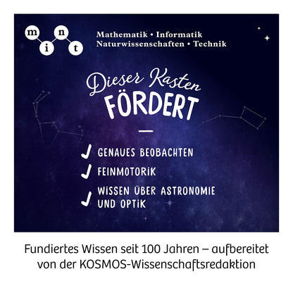 Kosmos Entdecker-Teleskop Werbegrafik mit Schriftzug Dieser Kasten fördert und Lernzielen auf dunkelblauem Sternenhimmel
