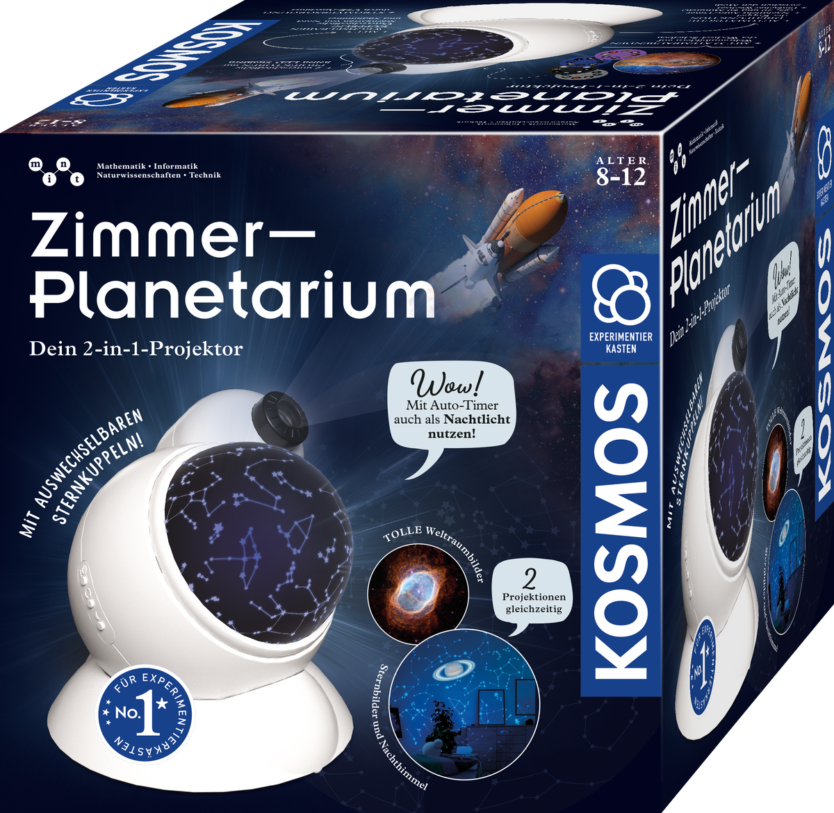 Kosmos Zimmer-Planetarium Verpackung mit weißem Projektor und Projektionsszenen auf dunklem Hintergrund