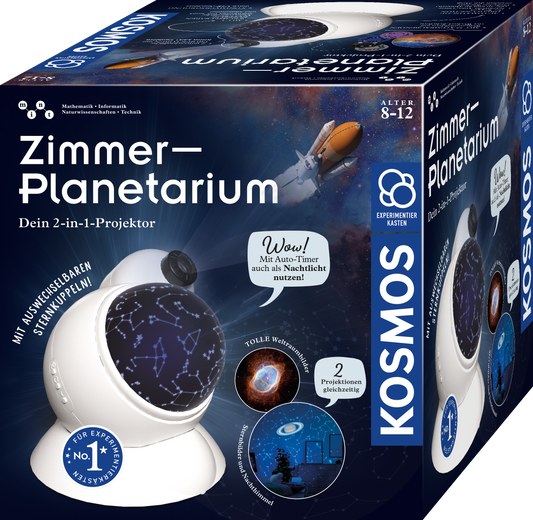 Kosmos Zimmer-Planetarium Verpackung mit weißem Projektor und Projektionsszenen auf dunklem Hintergrund