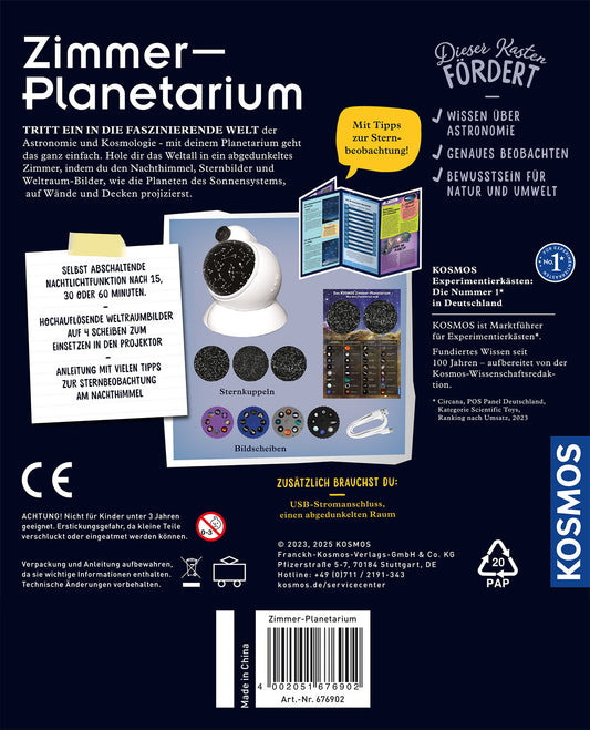 Rückseite der Kosmos Zimmer-Planetarium Verpackung mit Produktinfos und Zubehörteilen