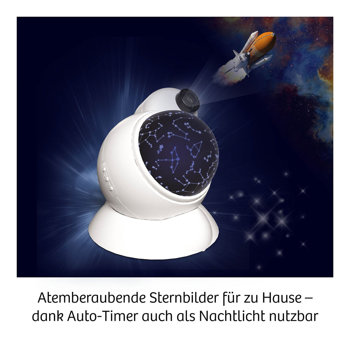 Kosmos Zimmer-Planetarium mit weißem Projektor, Sternbildscheibe und ausgestrahlten Sternen im dunklen Raum