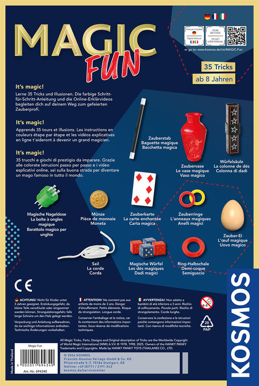 Kosmos Magic Fun Zauberkasten-Verpackung, Zauberstab, rote Vase, Münze, Spielkarte, Ringe und Seil auf dunkelblauem