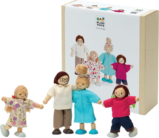 Holzpuppenfamilie Modern PlanToys mit vier Figuren, beweglichen Gliedmaßen und zeitgenössischem Design