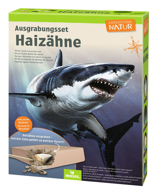 Moses Expedition Natur Ausgrabungsset Haizähne, Packung mit Weißem Hai und Gipsblock