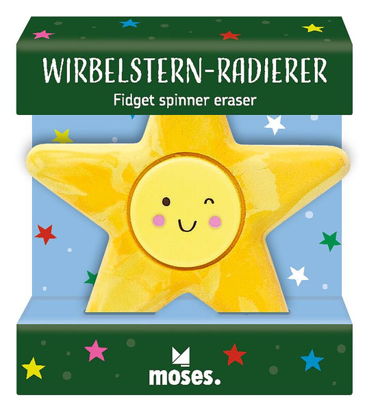 Gelber Wirbelstern-Radierer in der grünen moses-Verpackung mit bunten Sternen
