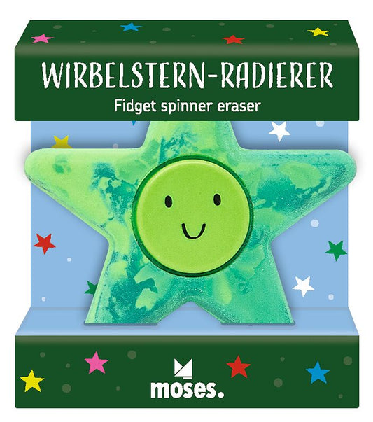 Grüner Wirbelstern-Radierer in der Verpackung mit der Aufschrift Fidget spinner eraser