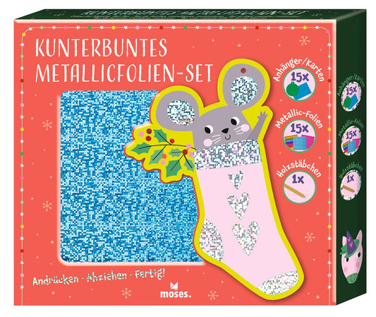 Schachtel des Kunterbunten Metallicfolien-Sets mit Maus im glitzernden Weihnachtsstrumpf