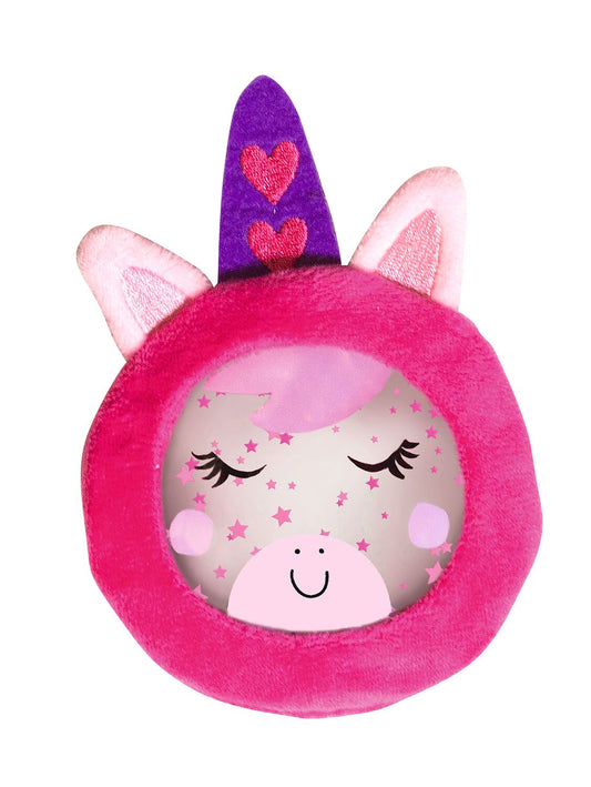 Handwärmer in pinker Plüschhülle als Einhorn mit lila Horn und glitzerndem Gelkissen