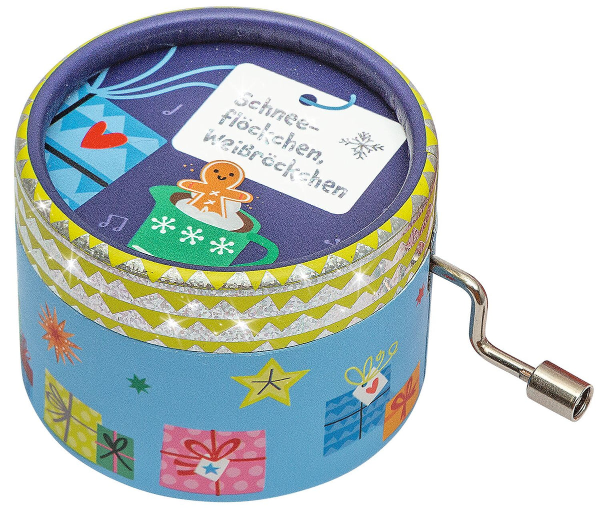 Blaue Spieldose mit Kurbel, Lebkuchenmann in einer Tasse und Liedzettel Schneeflöckchen, Weißröckchen