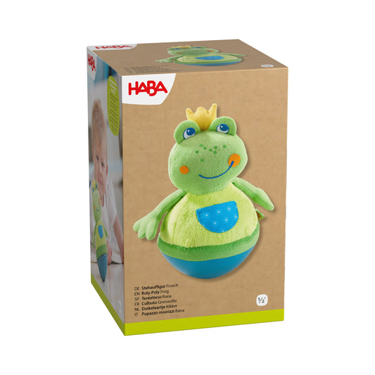Haba Stehauffigur Frosch mit grünem Plüsch, gelber Krone und blauem Bauch auf Verpackung