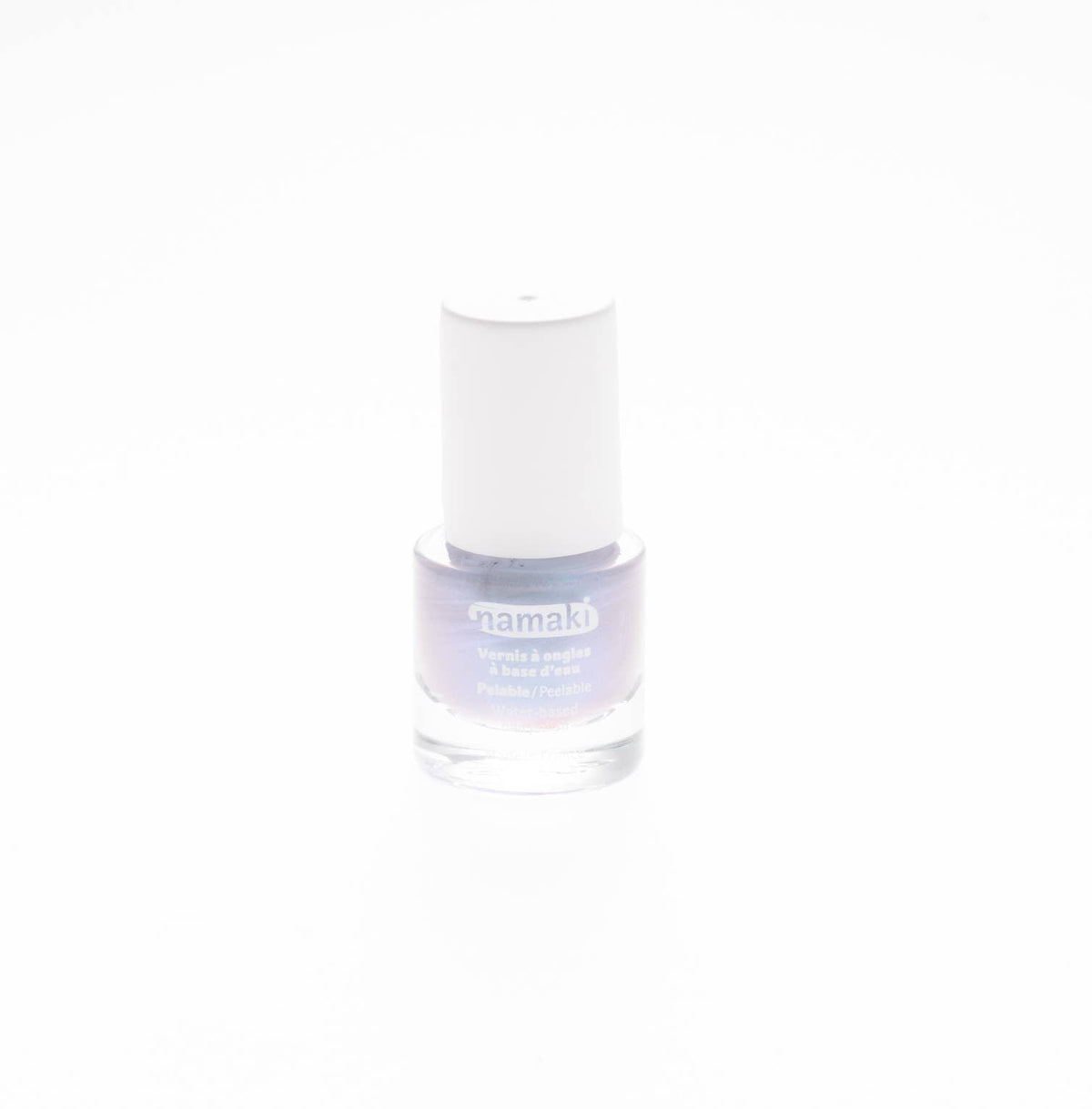 Namaki Nagellack abziehbar in Bläulich Silber, Flasche mit weißem Deckel und silbern schimmerndem violettem Inhalt, Packshot
