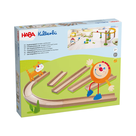 Haba Kullerbü Ergänzungsset Verpackung mit Holzbahn-Komponenten und Kugel auf grünem Hintergrund