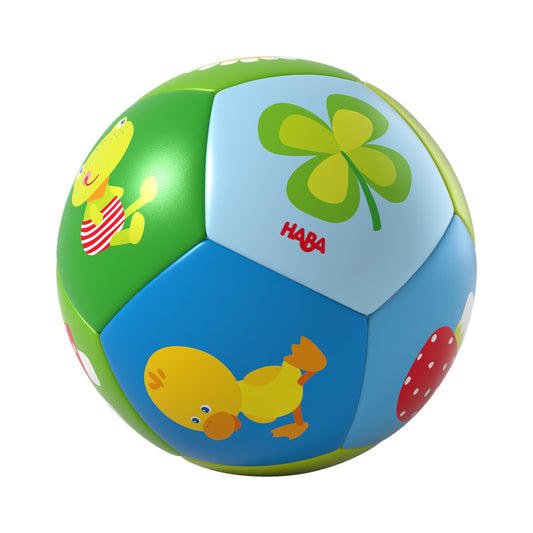 Haba Babyball Glücksbringer mit bunten Segmenten, Ente, Kleeblatt, Frosch und Punkten