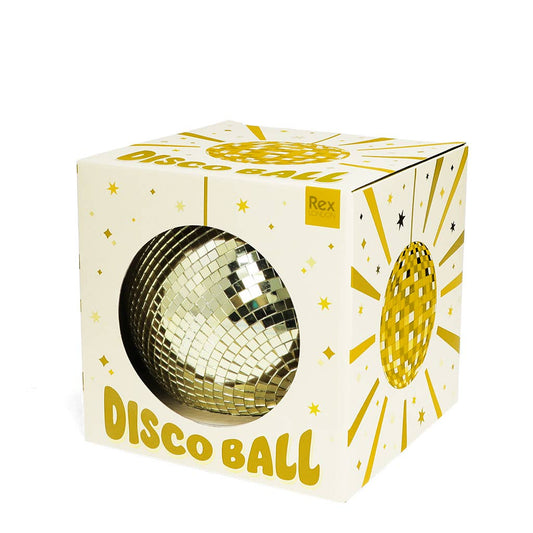 Verpackung der Rex London Discokugel Gold, beige Box mit goldenen Sternen und Schriftzug, Kugel hinter Fenster