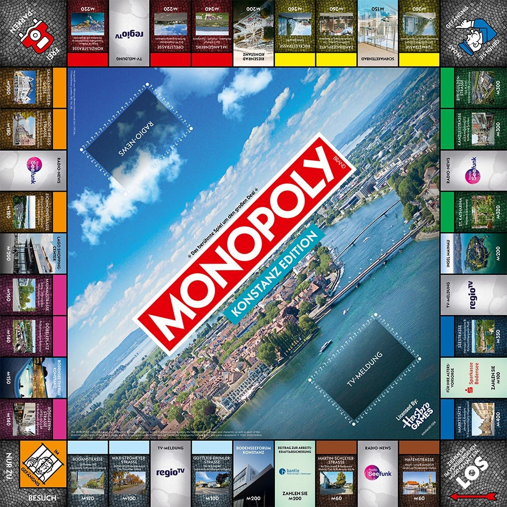 Spielbrett von Monopoly Konstanz von oben, in der Mitte ein Luftbild von Konstanz und dem Bodensee