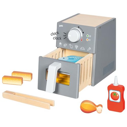 Spielzeug-Airfryer Goki mit Zubehör aus Holz und Kunststoff