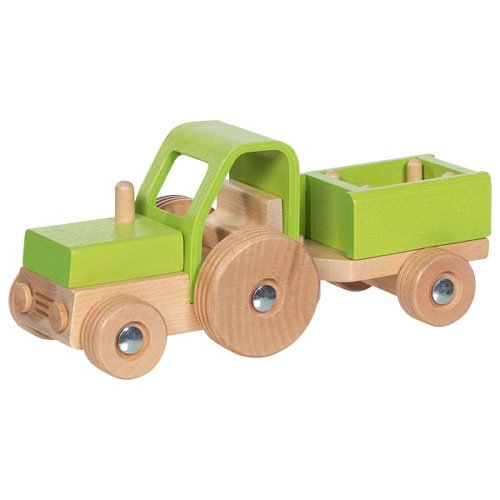 Holztraktor mit abkoppelbarem Anhänger von Goki, natur-farbenes Holzfahrzeug
