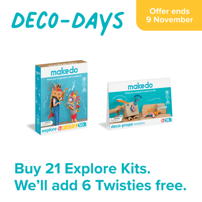 Makedo Explore Kit Verpackung und Deco-Props Twisties Verpackung nebeneinander, Deco-Days Aktion