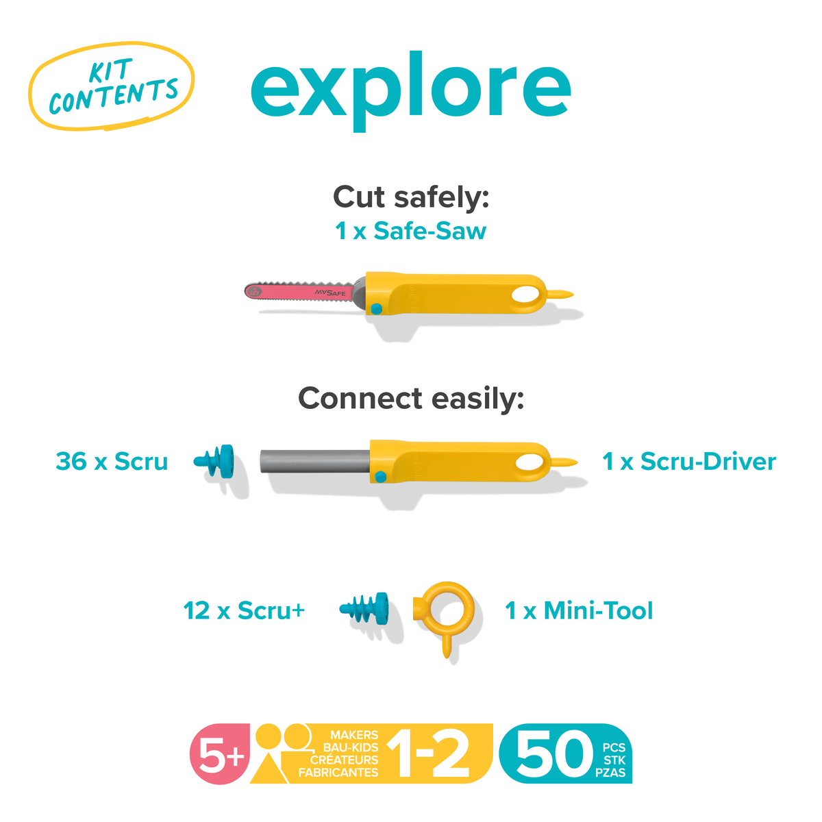 Makedo Explore Kit Inhaltsübersicht: Safe-Saw, Scru-Driver, Schrauben und Mini-Tool auf weißem Grund