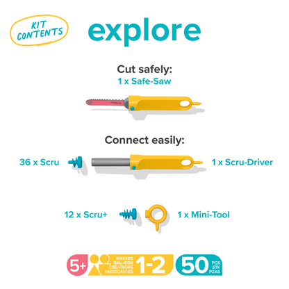 Makedo Explore Kit Inhaltsübersicht: Safe-Saw, Scru-Driver, Schrauben und Mini-Tool auf weißem Grund