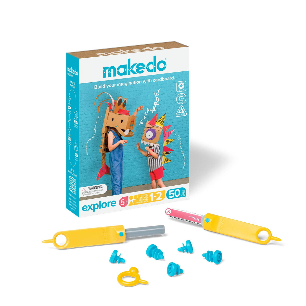 Makedo Explore Kit Schachtel, davor gelbe Werkzeuge und türkise Scrus