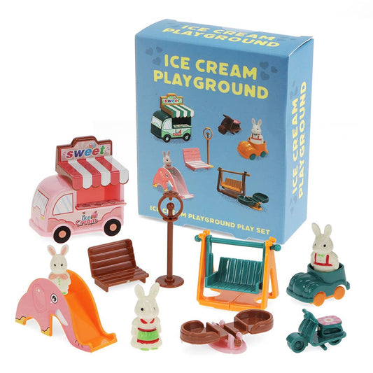 Rex London Eiswagen-Spielset mit rosa Eiswagen, Rutsche, Schaukel und Hasen-Figuren, Packshot vor Verpackung