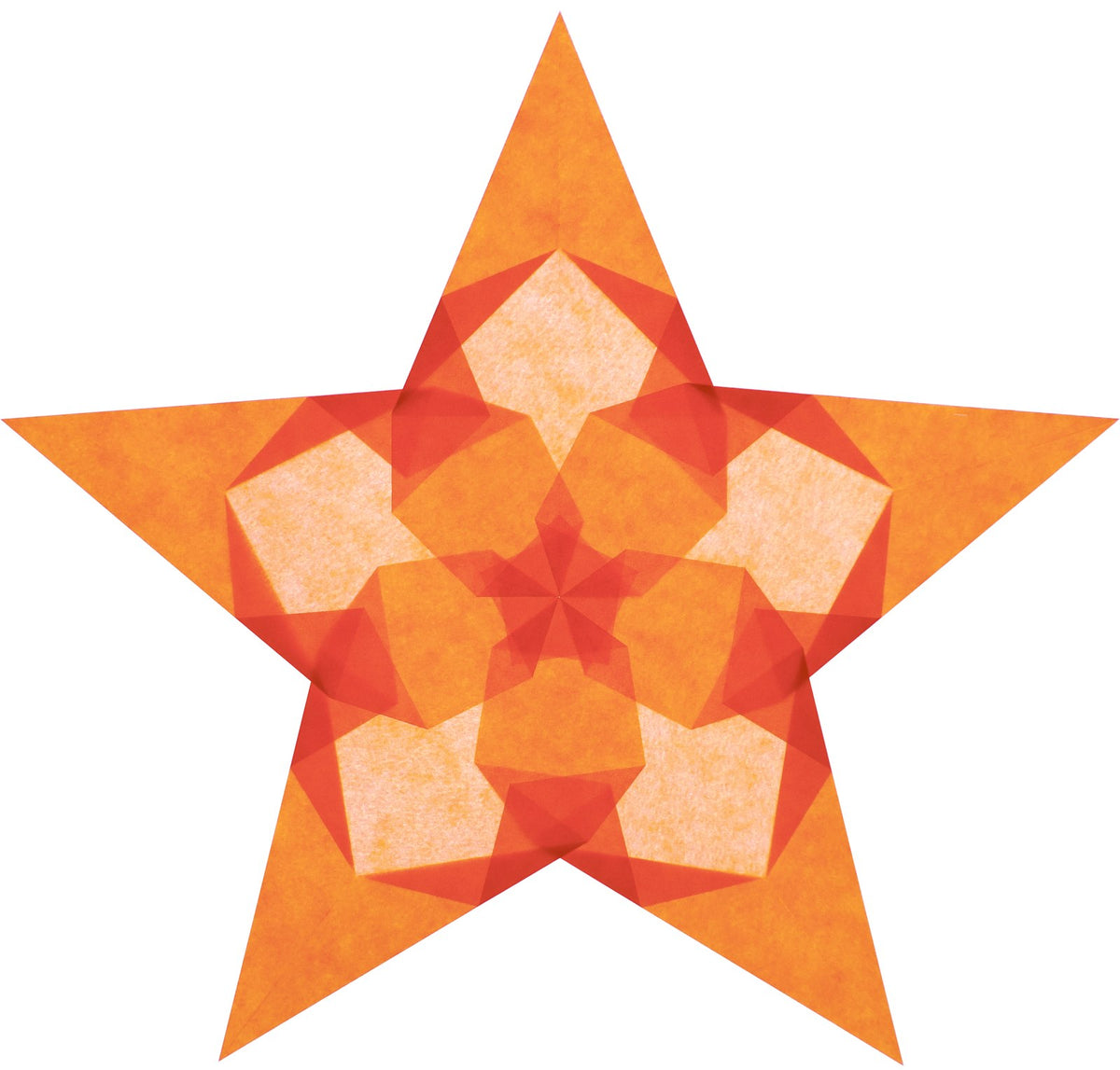 Fertig gefalteter orangefarbener Fensterstern mit fünf Strahlen aus Pergaminpapier