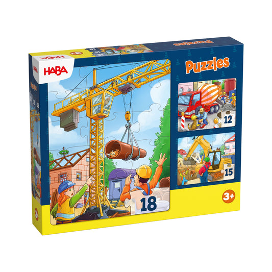 Haba Puzzle-Set mit drei Baustellen-Puzzles zu 12, 15 und 18 Teilen, Kran und Arbeiter auf Verpackung