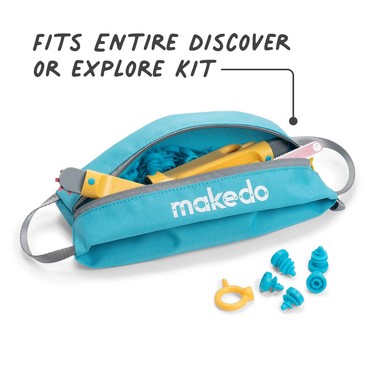 Makedo Tool-Case geöffnet mit gelben Werkzeugen und blauen Kunststoffteilen darin