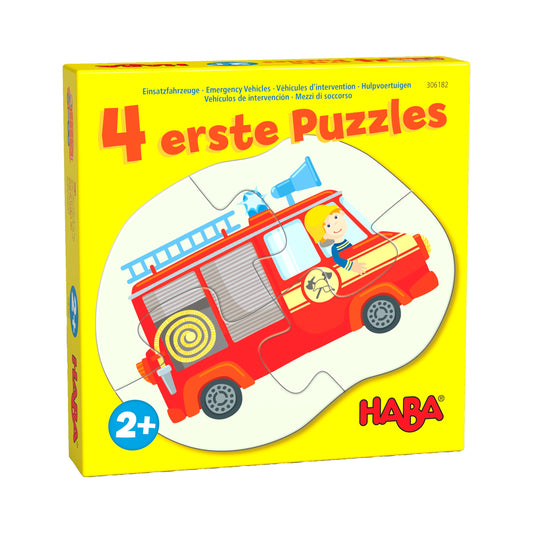 Haba 4 erste Puzzles Einsatzfahrzeuge, gelbe Verpackung mit rotem Feuerwehrauto und Puzzleteilen auf der Vorderseite