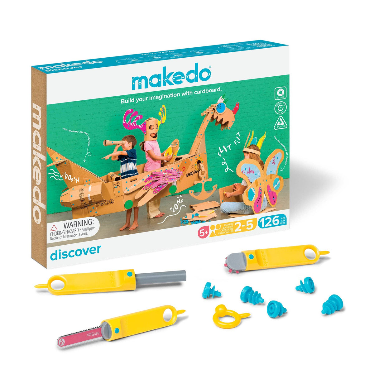 Makedo Discover Kit Verpackung mit gelben und pinken Werkzeugen sowie blauen Verbindungselementen