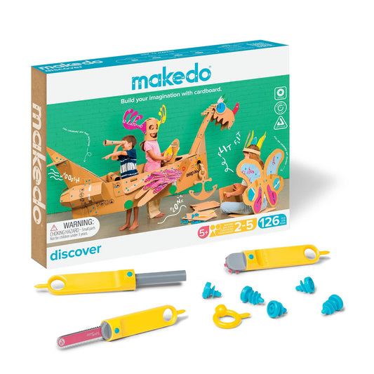 Makedo Discover Kit Verpackung mit gelben und pinken Werkzeugen sowie blauen Verbindungselementen