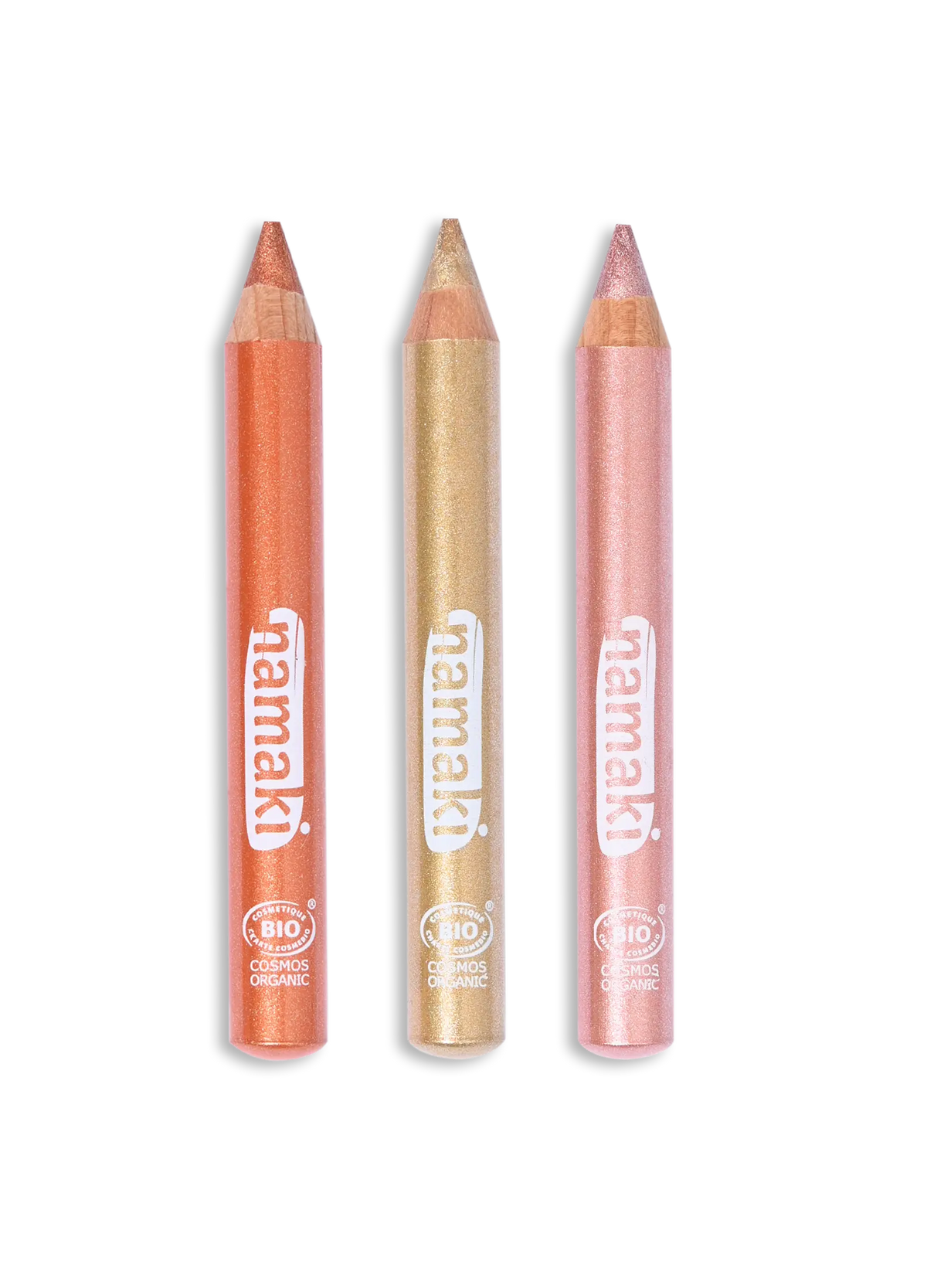 Namaki Glitzer-Schminkstifte, drei Stifte in Orange, Goldgelb und Rosa mit spitzer Glitzer-Spitze