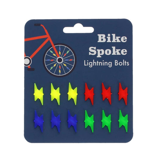 Verpackung der Rex London Speichenclips Lightning Bolts mit 12 Blitz-Anhängern in Gelb, Rot, Blau und Grün