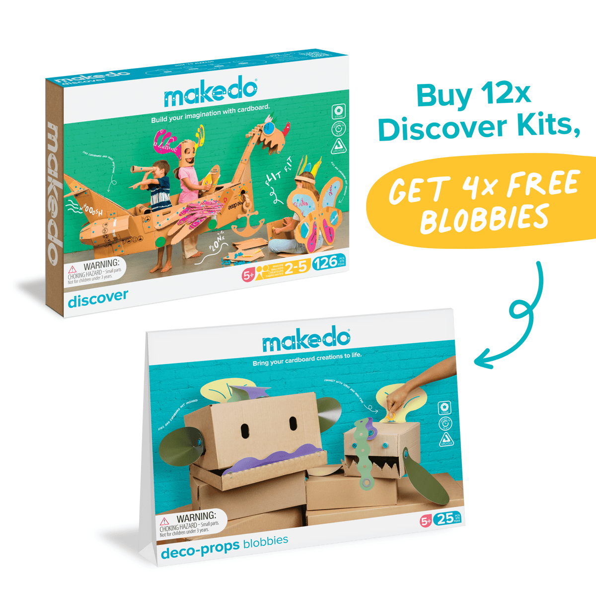 Makedo Discover Kit und Deco-Props Blobbies Verpackungen mit Kartonfiguren und Bauelementen