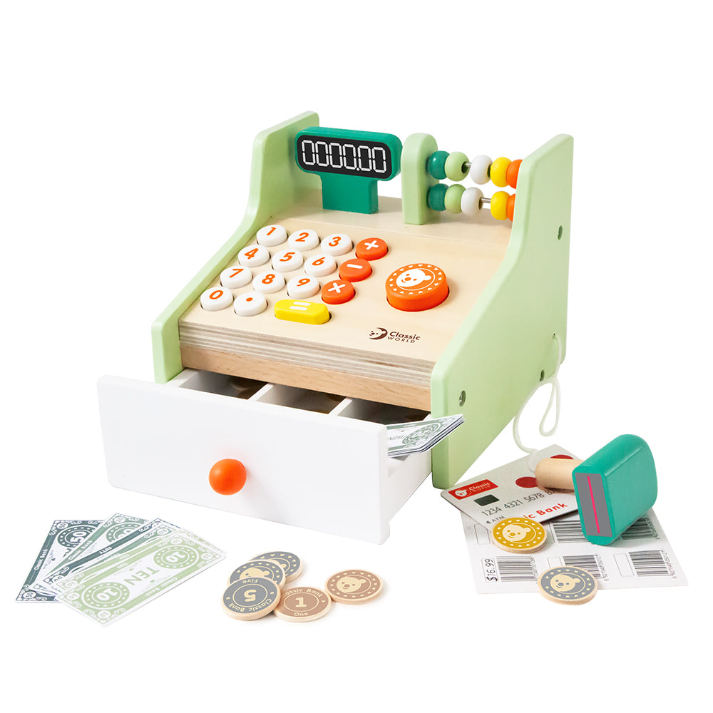 Holzkasse Classic World mit Scanner, Registrierschublade und buntem Spielgeld für Kaufladen