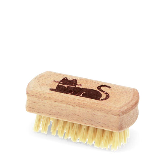 Rex London Mini-Nagelbürste aus Holz mit aufgedruckter brauner Katze und hellen Kunststoffborsten