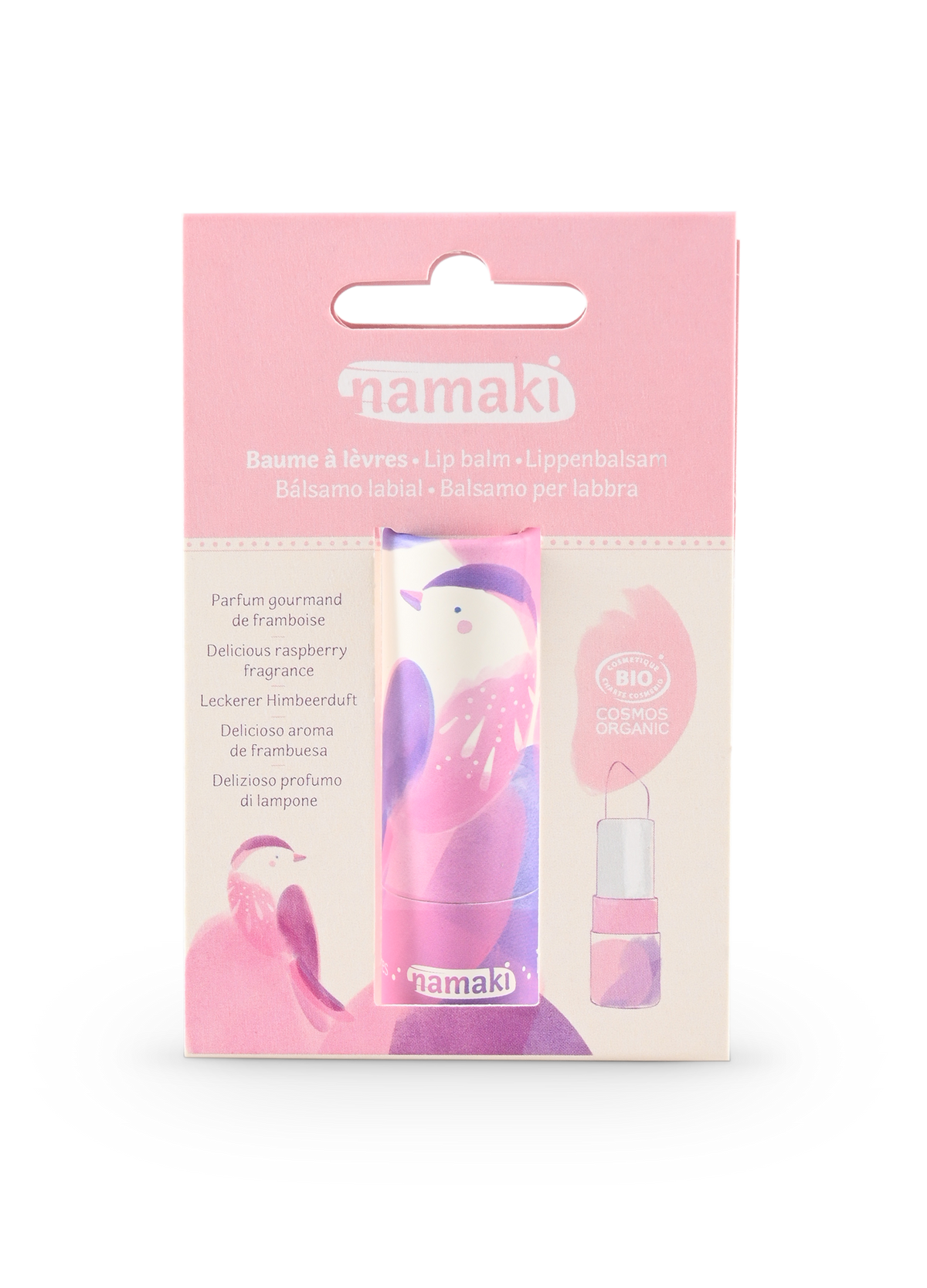 Namaki Lippenbalsam Himbeere in Verpackung mit rosa-violettem Balm-Stick und rosa BIO-Siegel auf der rechten Seite