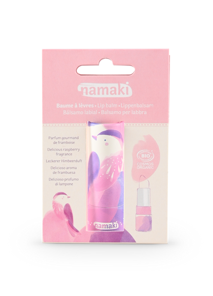 Namaki Lippenbalsam Himbeere in Verpackung mit rosa-violettem Balm-Stick und rosa BIO-Siegel auf der rechten Seite
