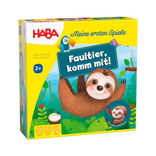 Verpackung des Haba-Spiels Faultier, komm mit! mit Faultier-Illustration vor grüner Dschungelszene