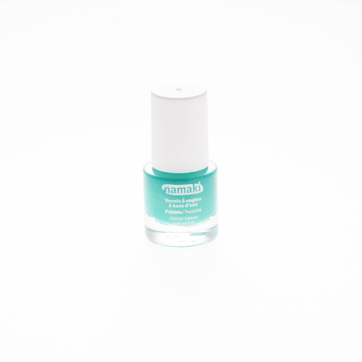 Namaki Nagellack-Flasche mit weißem Deckel und türkiser Flüssigkeit, Etikett in Türkis